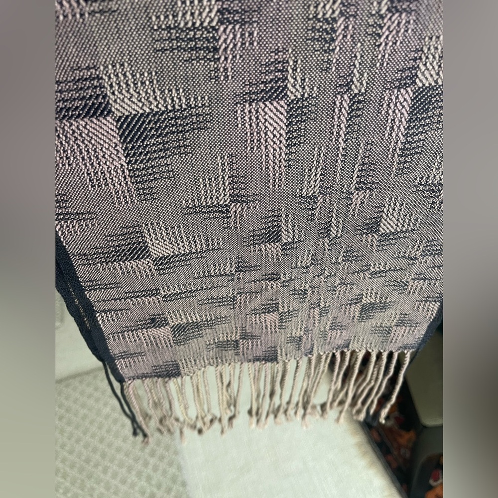 Woven silk and rayon scarf. Fringe. Hombre blended colors tan/blue/navy/black. - Picture 3 of 6